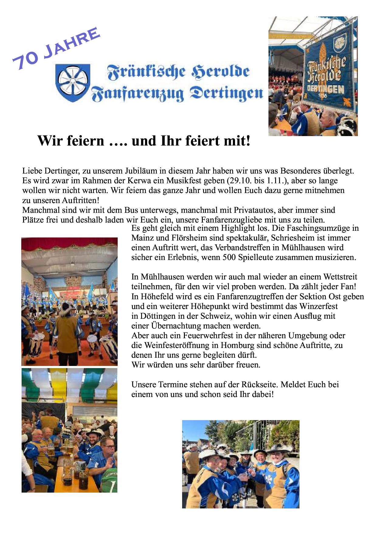 70 Jahre Fanfarenzug Fränkische Herolde Dertingen - Wir feiern …. und Ihr feiert mit!